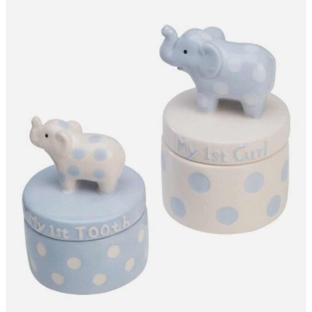 Elegant Baby Ceramic Elephant Tooth & Curl Set Blue Keepsake Boxes Shower Gift
